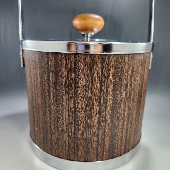 Atapco Chrome Wood Ice Bucket Vintage MCM w Lid Plastic Liner Tongs VTG Barware - Picture 4 of 13